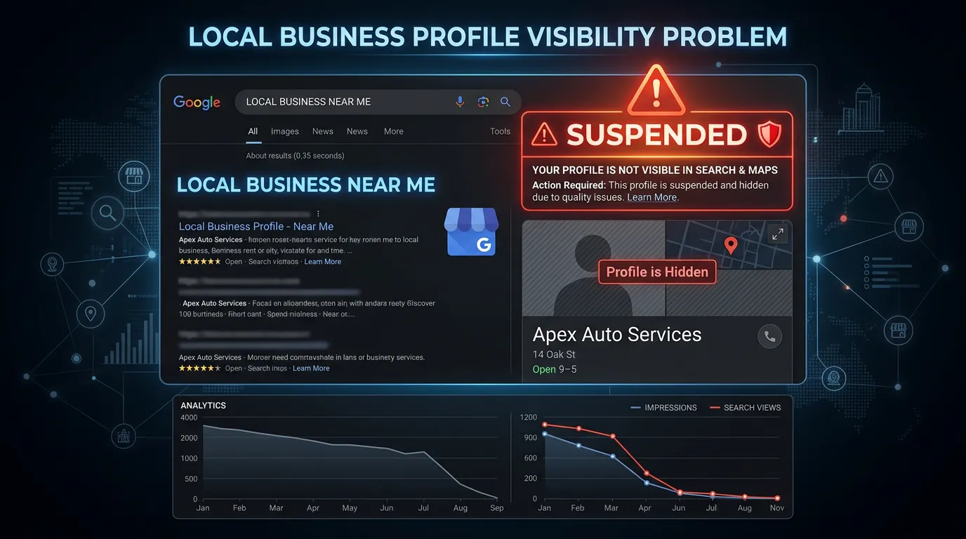 Google Business Profile not showing up in search with suspended or hidden status warning badge