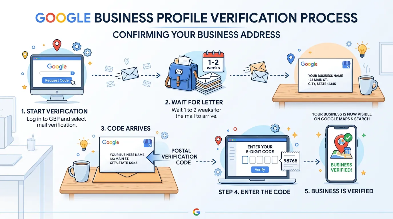 Google Business Profile verification process showing verification code arriving for business address confirmation