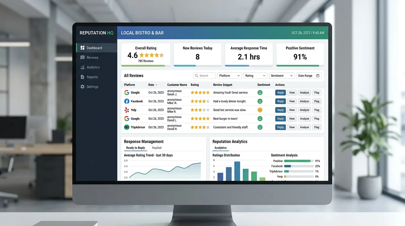 Google review monitoring dashboard showing all reviews aggregated with response management for local business