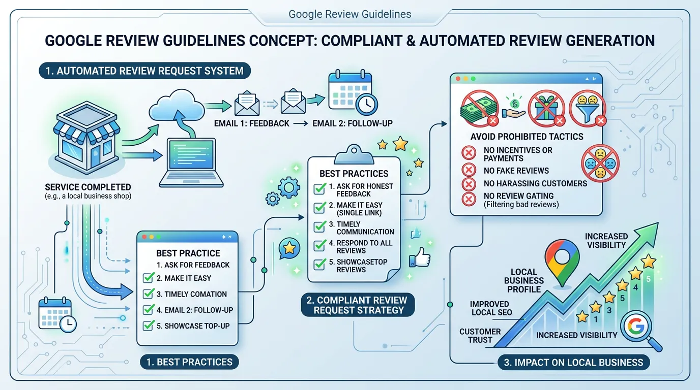 Google review guidelines and automated review request system for compliant review generation strategy