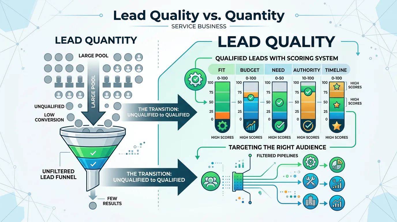 Lead quality vs quantity concept showing qualified leads with scoring system targeting right audience