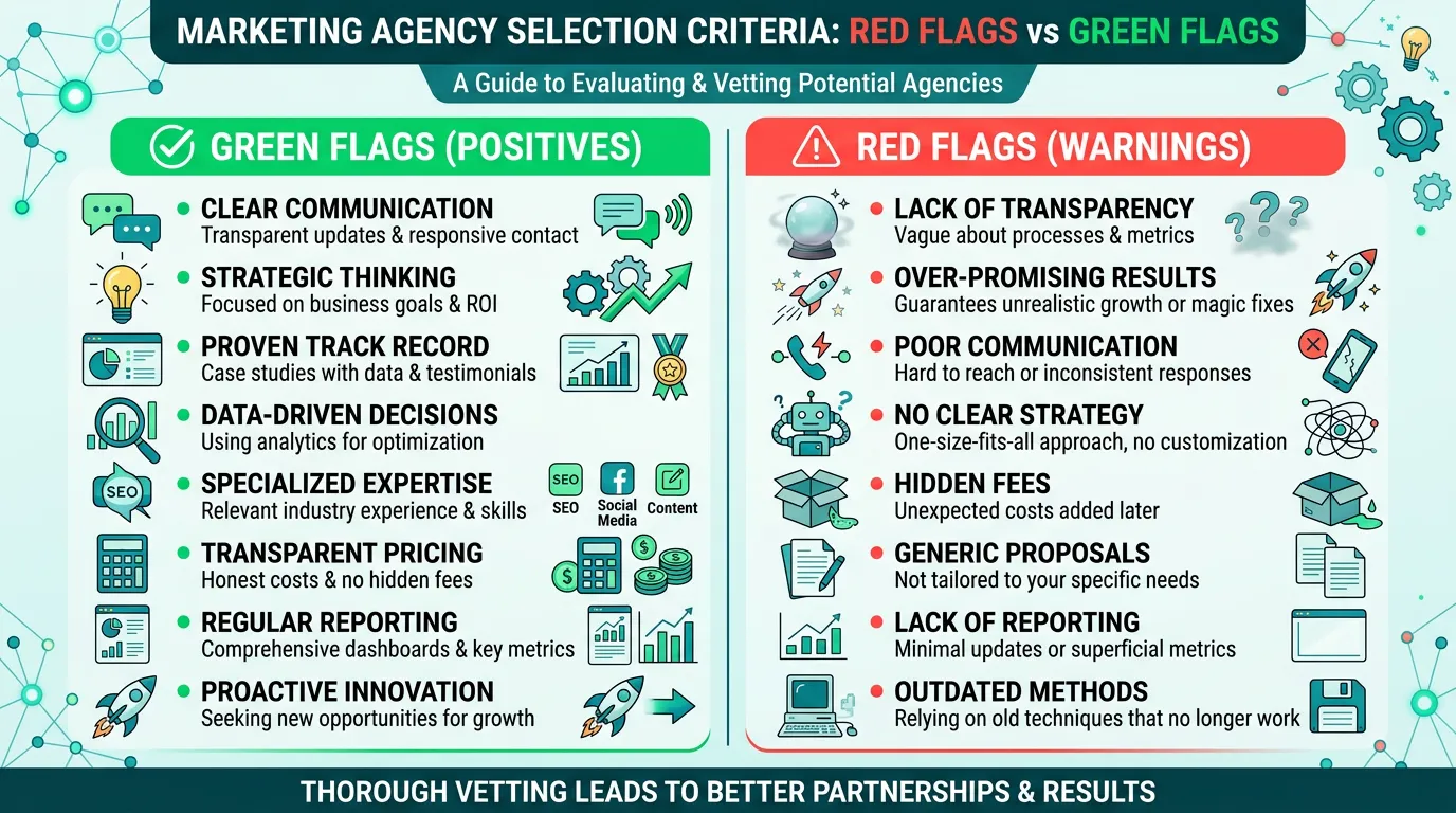 Marketing agency selection checklist showing red flags vs green flags when evaluating digital agencies