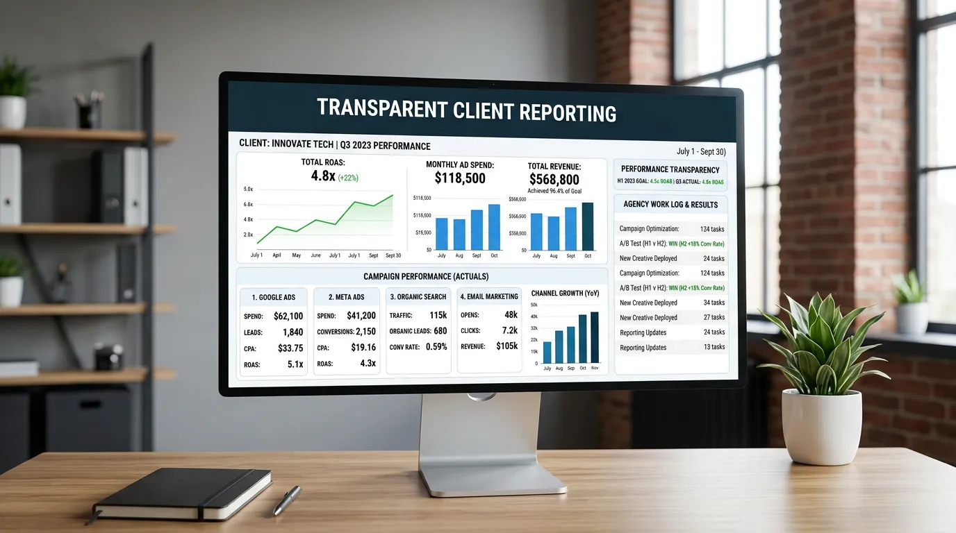 Marketing agency transparency showing clear reporting dashboard with real metrics visible to clients
