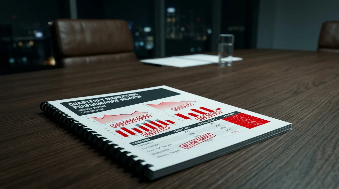 Marketing agency not delivering results showing report with underperforming metrics and missed KPIs