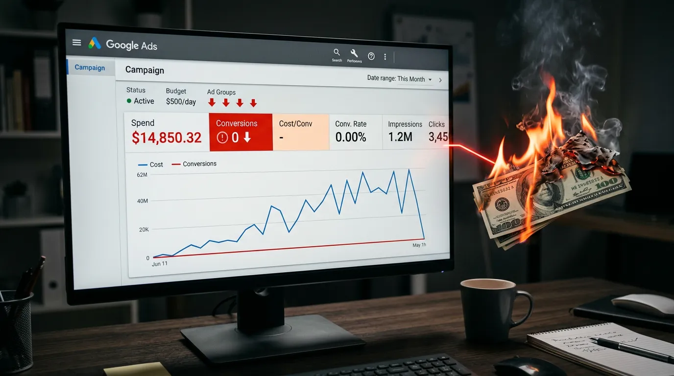 PPC advertising not working showing Google Ads dashboard with high spend and zero conversions wasted ad spend