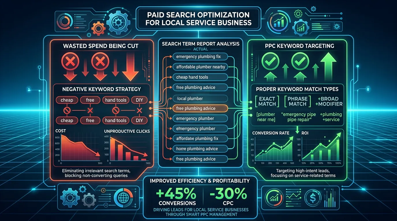 PPC keyword targeting and negative keyword strategy showing search term report with proper match types