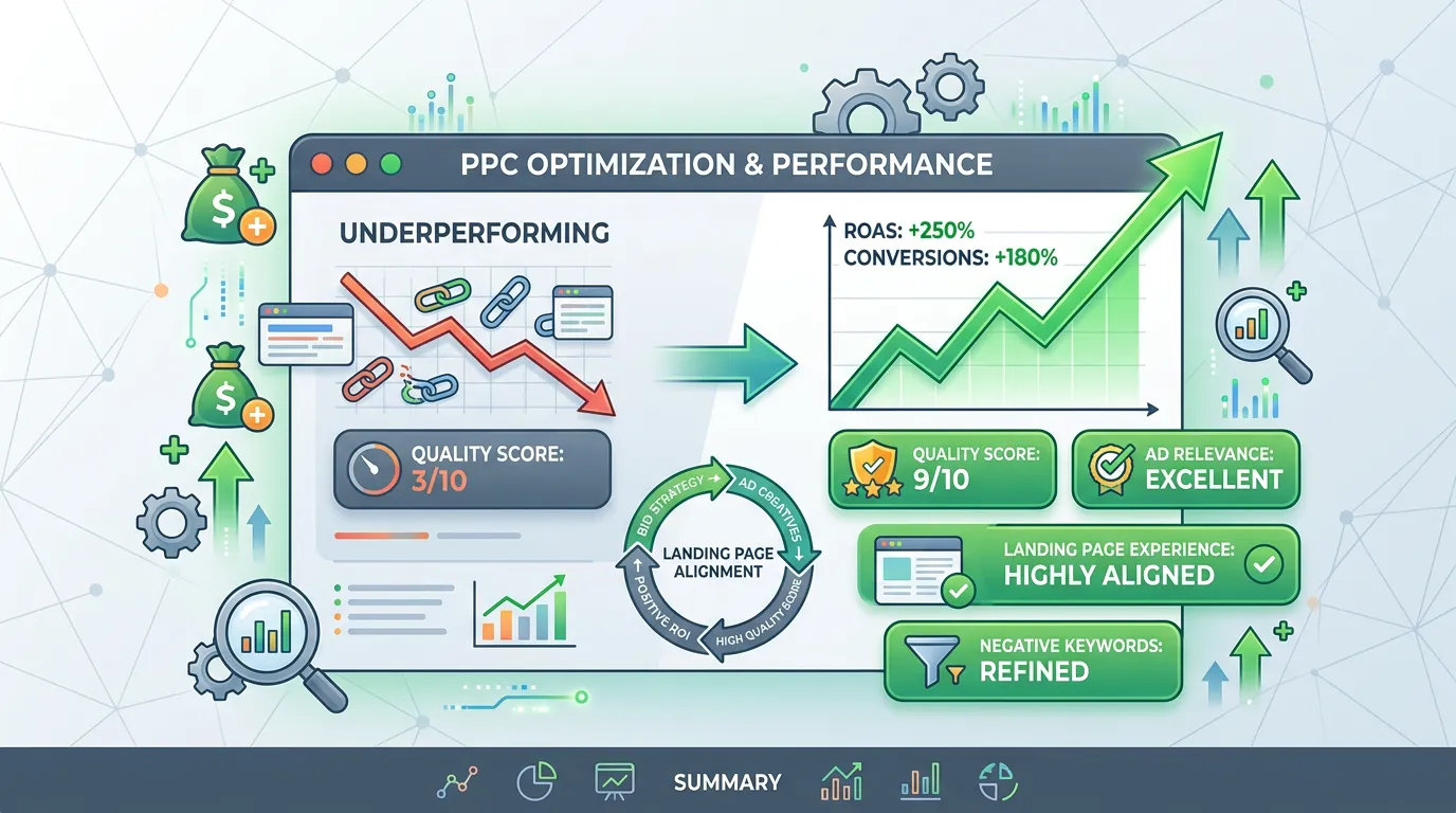PPC optimization concept showing improved quality score landing page alignment and positive ROI for fixed campaigns