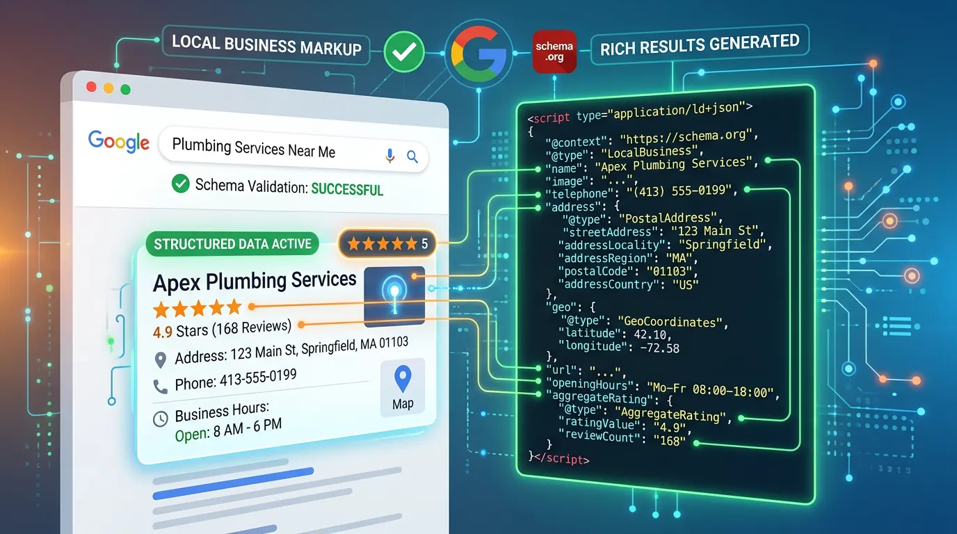 Schema markup success showing local business structured data displaying correctly with rich results in Google search