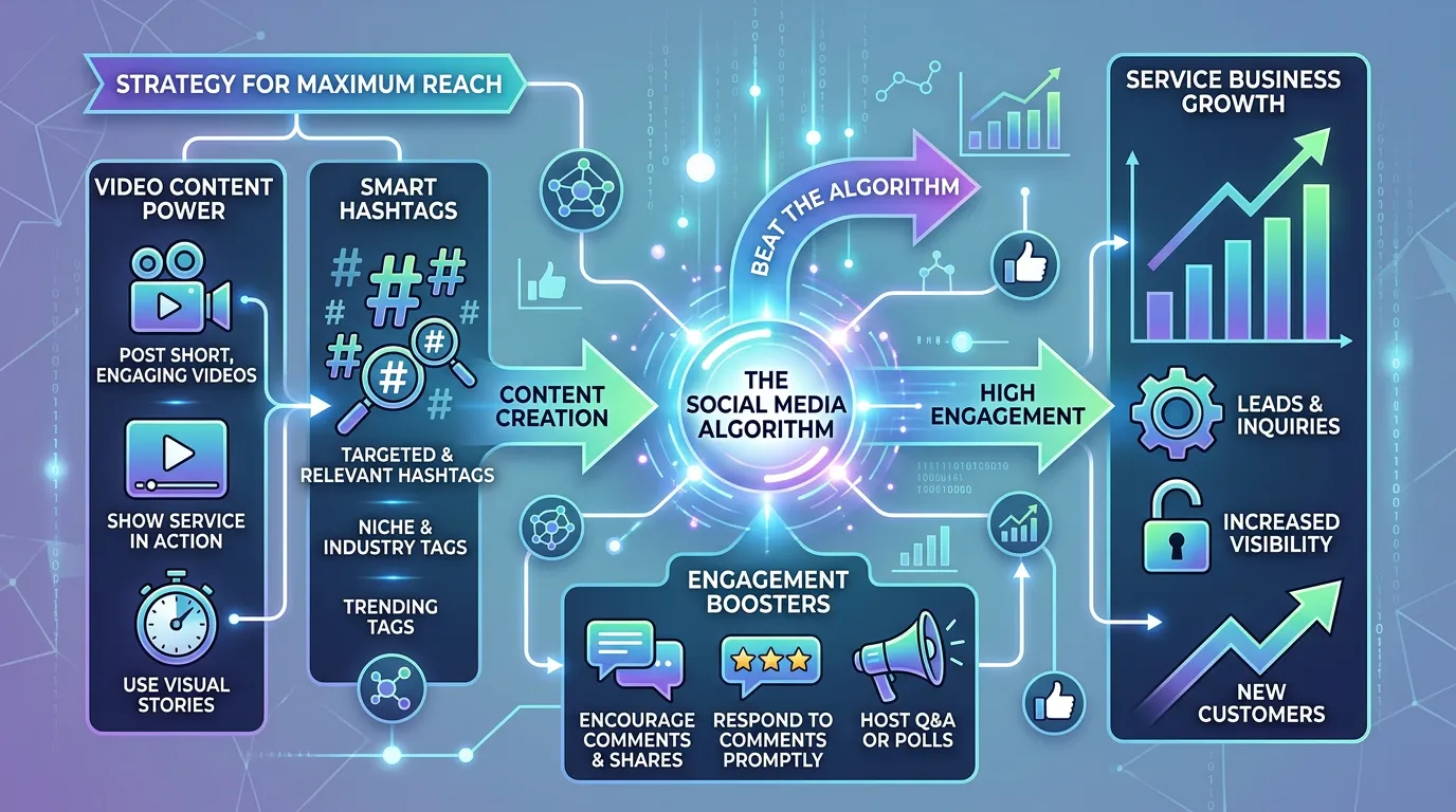 Social media algorithm concept showing how to beat algorithm with video hashtags and engagement boosting strategies