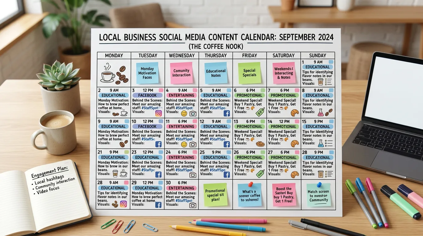 Social media content strategy calendar showing well-planned posting schedule with content mix for local business