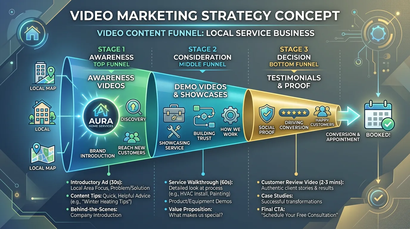 Video marketing strategy funnel from awareness videos to demo videos to testimonials for local service business