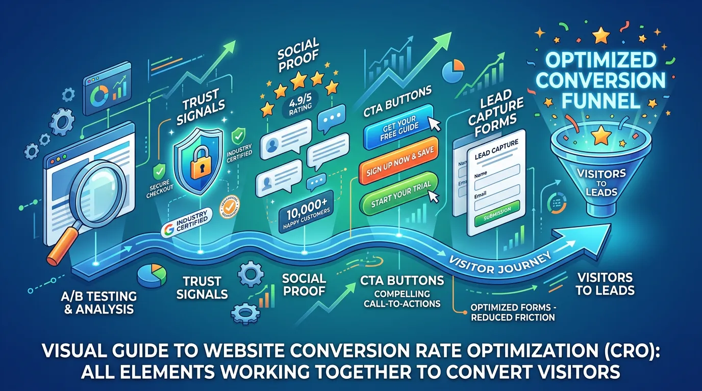 Website conversion rate optimization showing CTA buttons trust signals social proof and lead capture working together