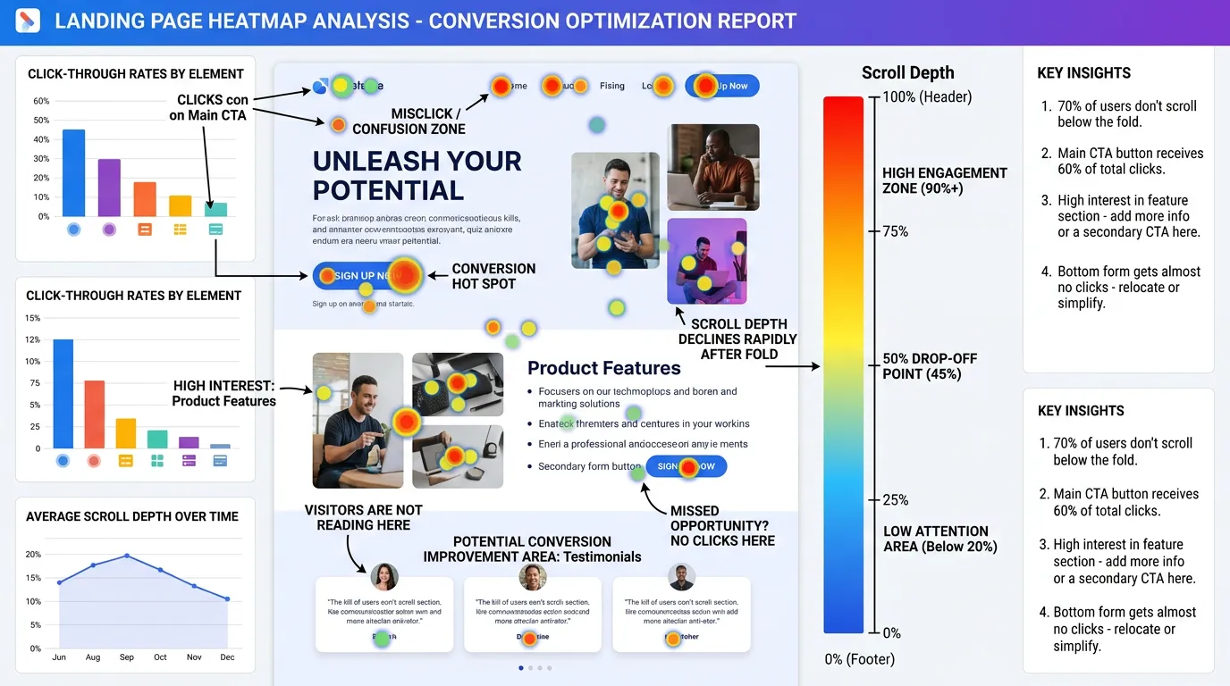 Landing page heat map showing user scroll depth and click patterns revealing conversion drop-off points