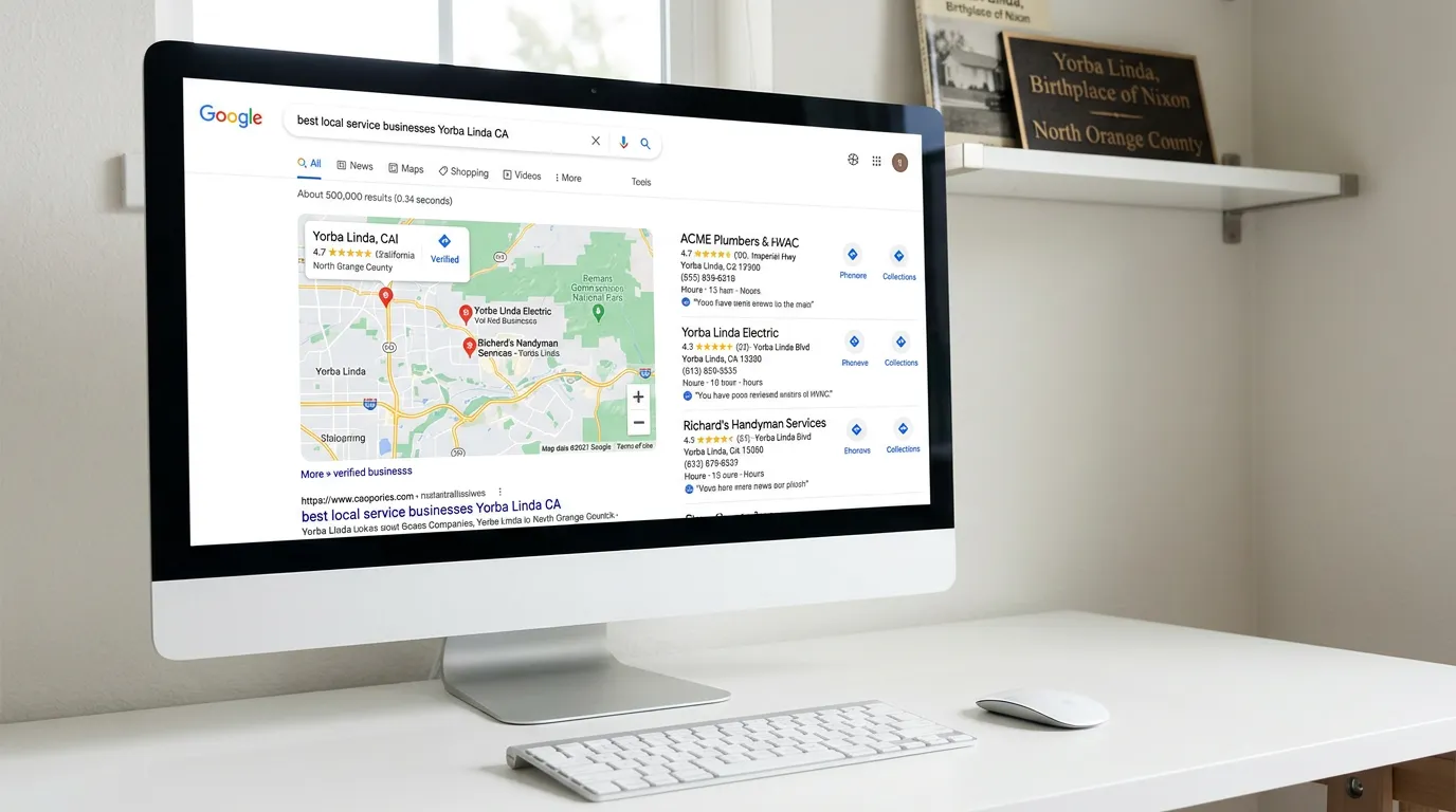 Yorba Linda CA local SEO showing Google search map pack for service businesses in Yorba Linda California