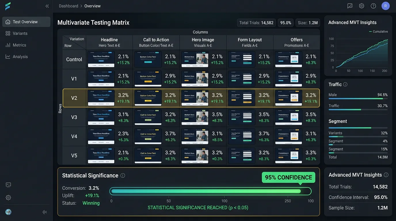 Multivariate testing matrix showing statistical significance for advanced CRO experiments
