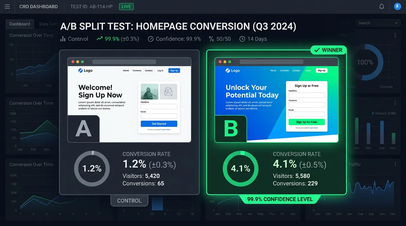 A/B split test showing two webpage versions with conversion winner highlighted for CRO