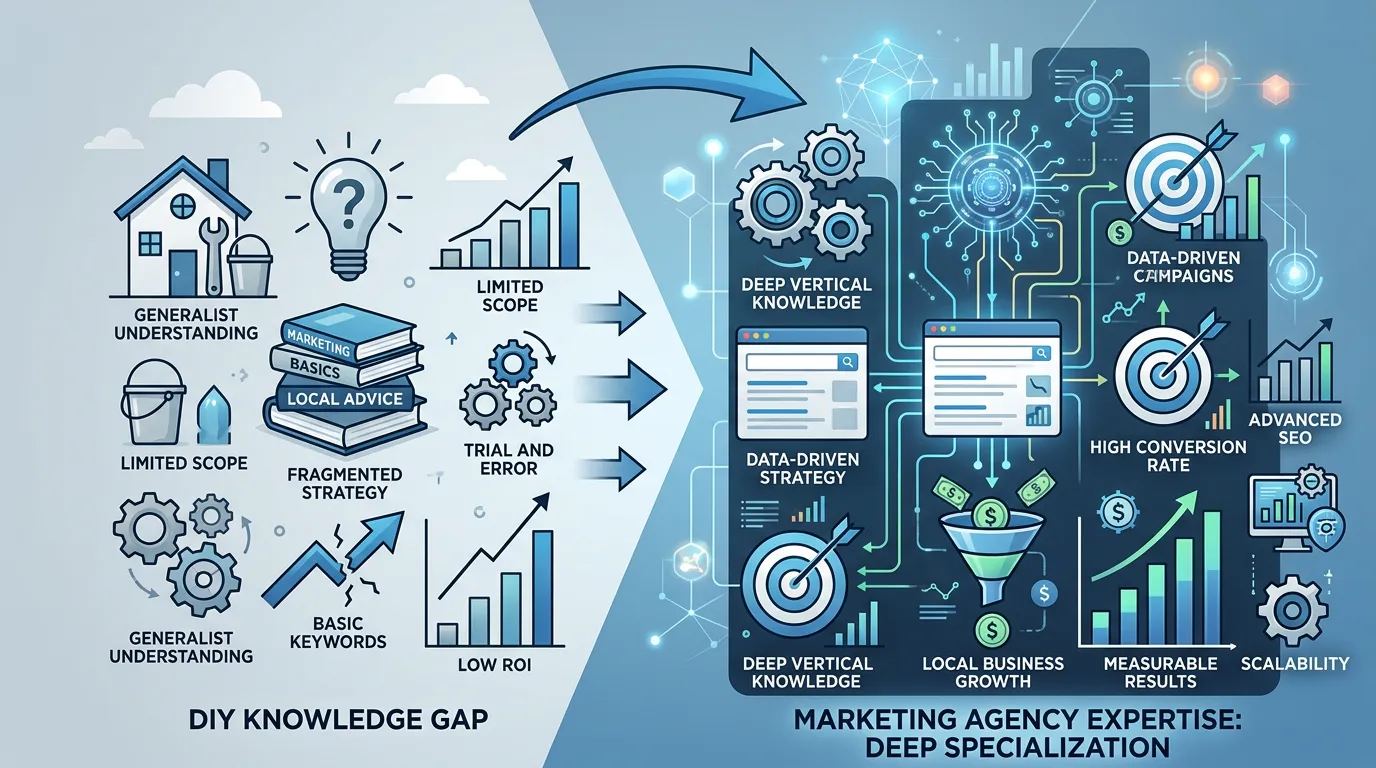 Marketing agency expertise versus DIY knowledge gap showing deep specialization versus generalist approach