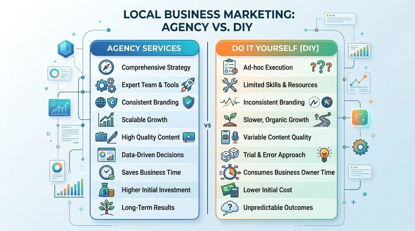 Agency vs DIY marketing comparison showing professional agency services versus doing it yourself for local business