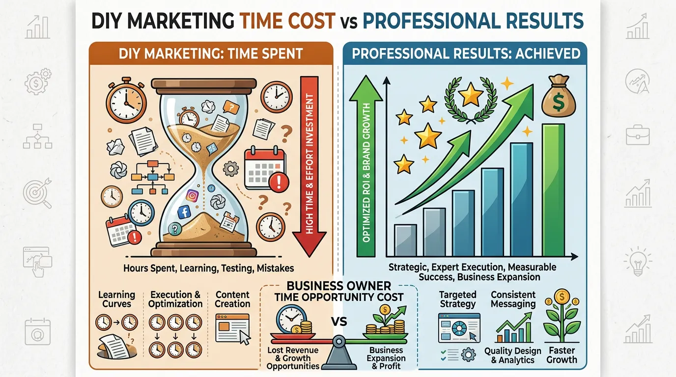 DIY marketing time cost showing time spent on marketing versus professional results achieved comparison chart