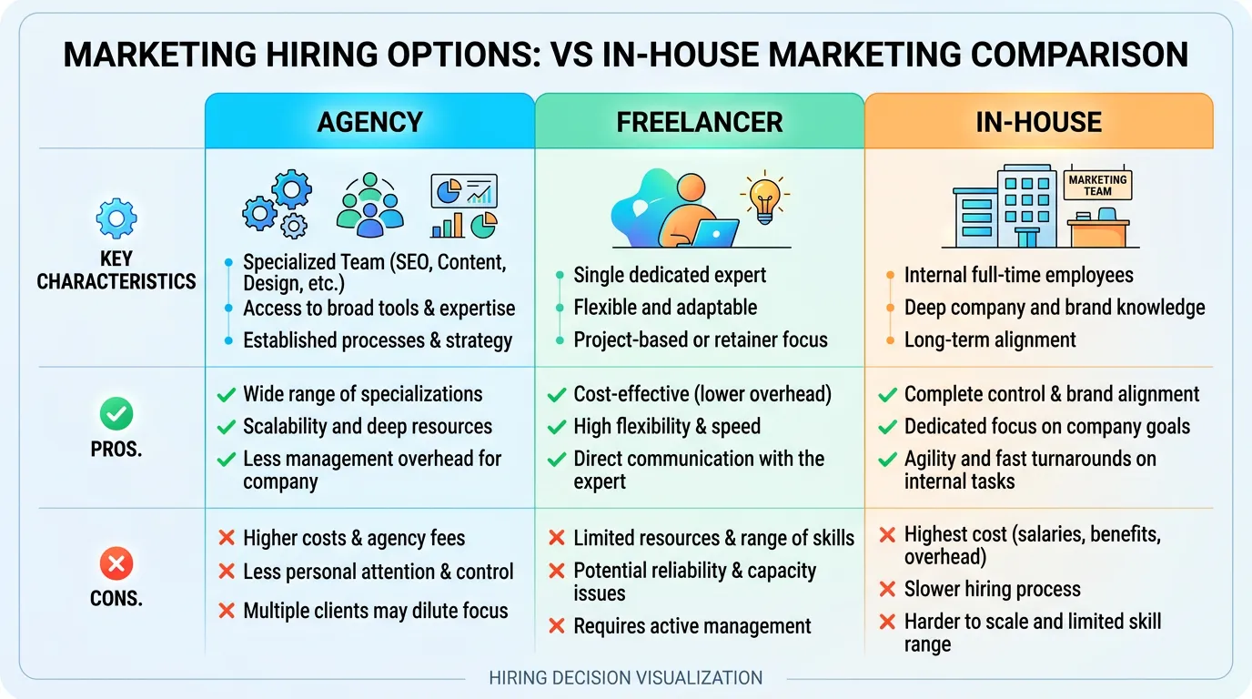 Agency vs freelancer vs in-house marketing comparison chart showing pros and cons side by side