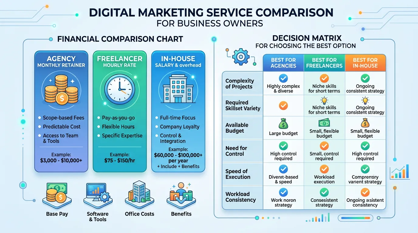 Cost comparison chart showing agency monthly retainer vs freelancer hourly vs in-house salary for marketing