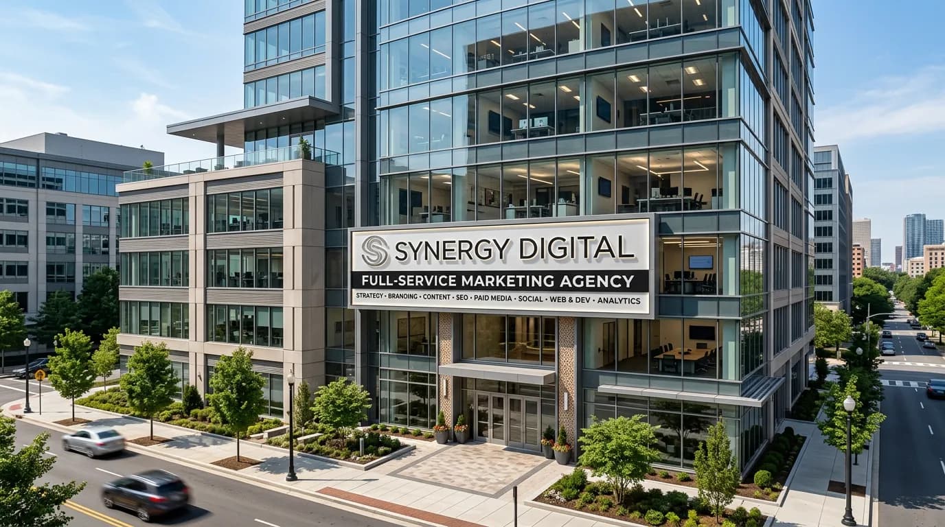 Marketing agency building with professional brand showing scale and depth versus freelancer or in-house