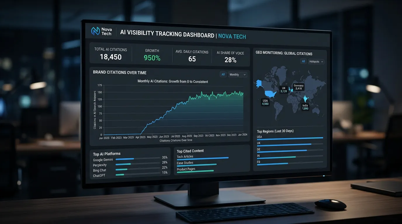 AI visibility tracking dashboard showing brand citations in AI search responses improving over time