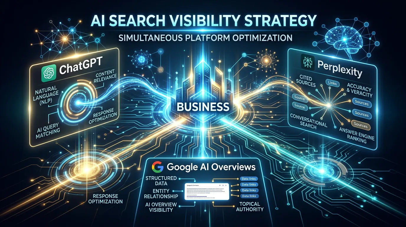 AI search visibility strategy showing business optimized to appear across multiple AI search platforms
