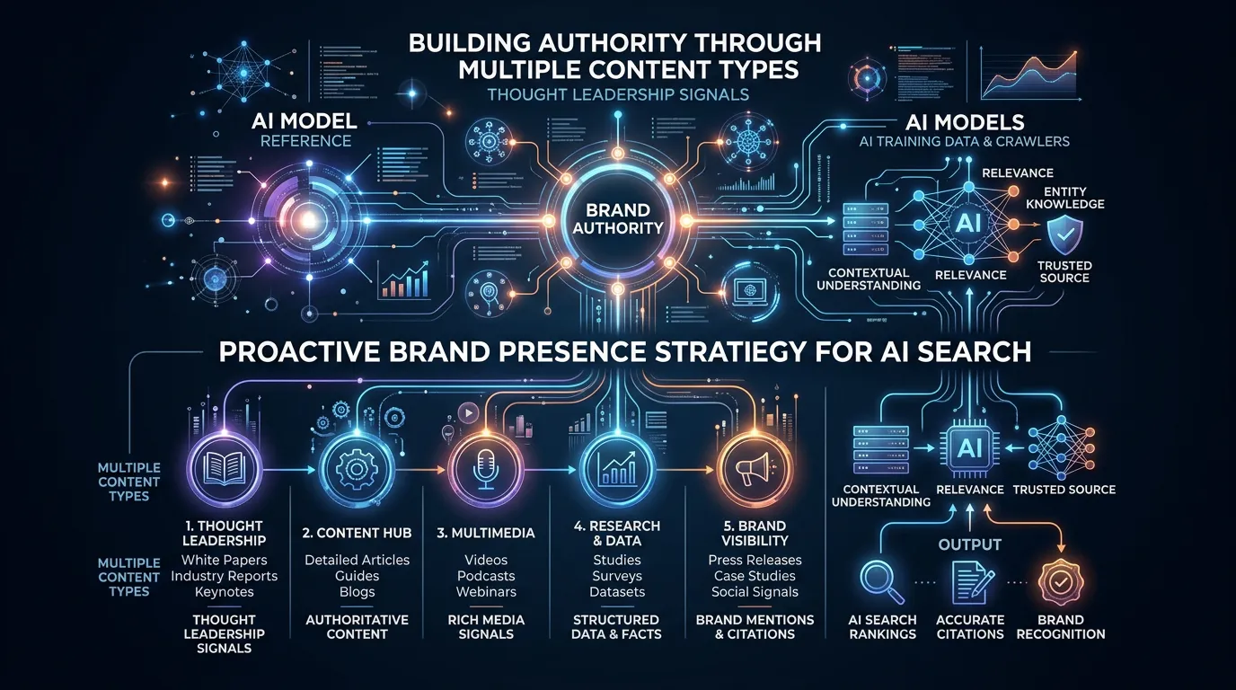 Proactive brand presence strategy for AI search showing thought leadership signals across content types