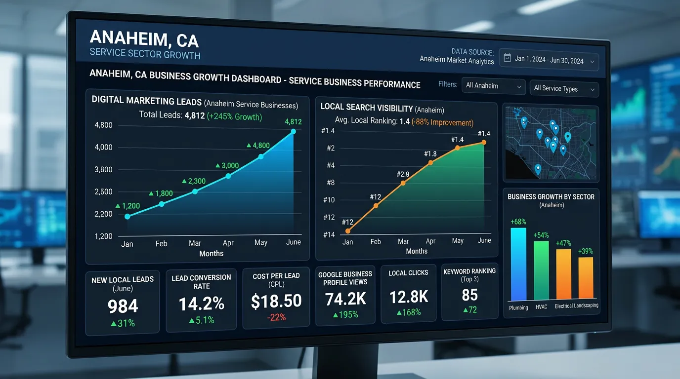 Anaheim CA business growth analytics dashboard showing digital marketing lead generation results
