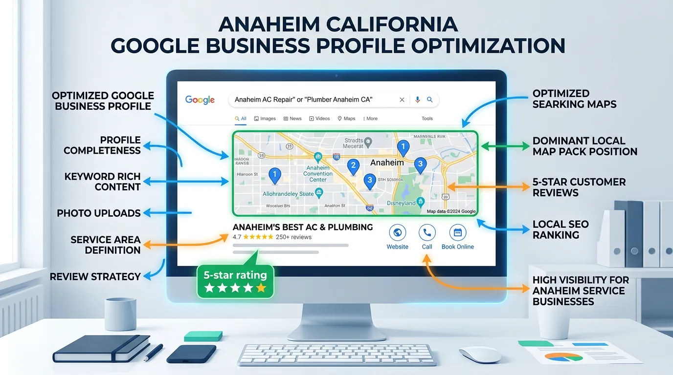 Anaheim California Google Business Profile with 5-star reviews and dominant local map pack position