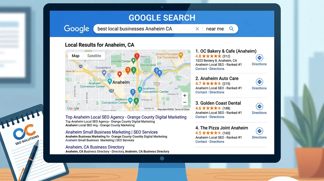 Anaheim CA local SEO showing top Google search results for local businesses in Anaheim California