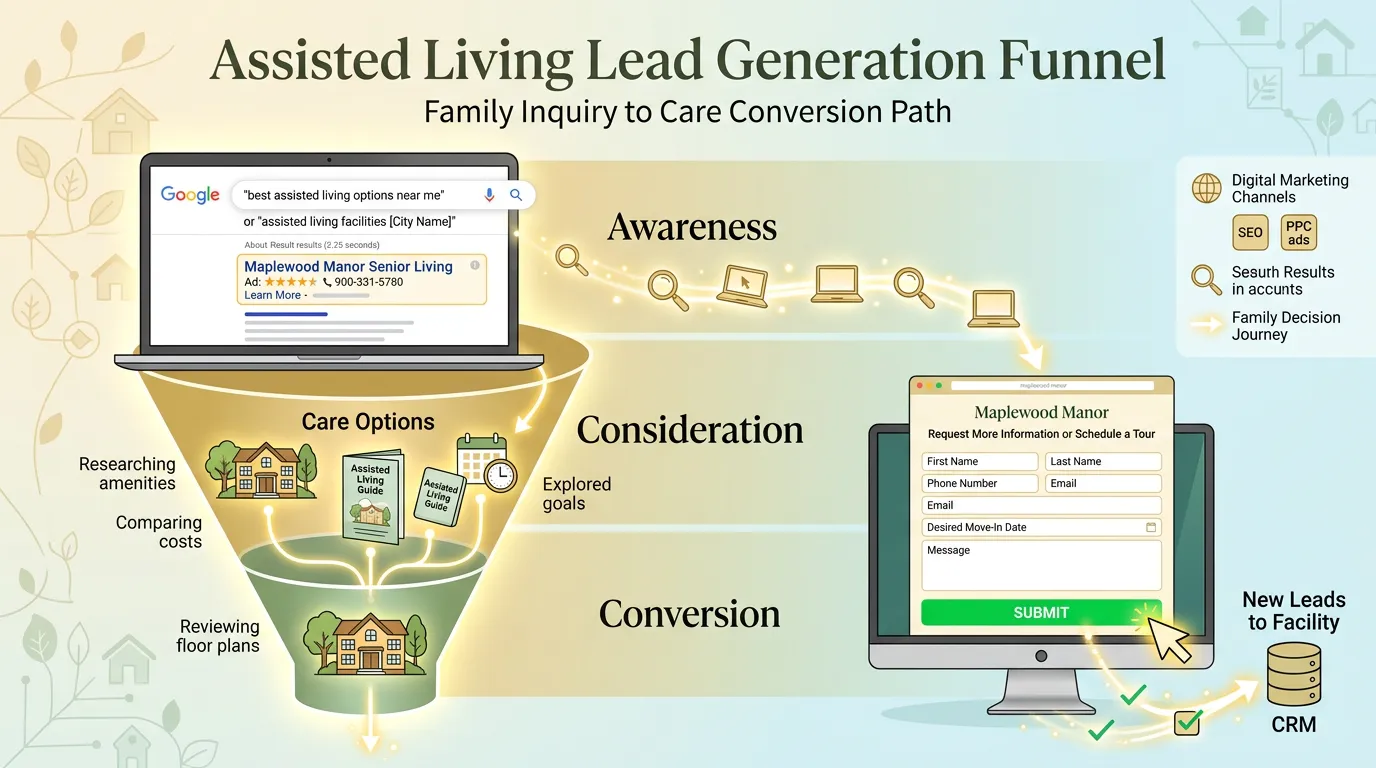 Assisted living family inquiry funnel showing conversion path from search to contact form