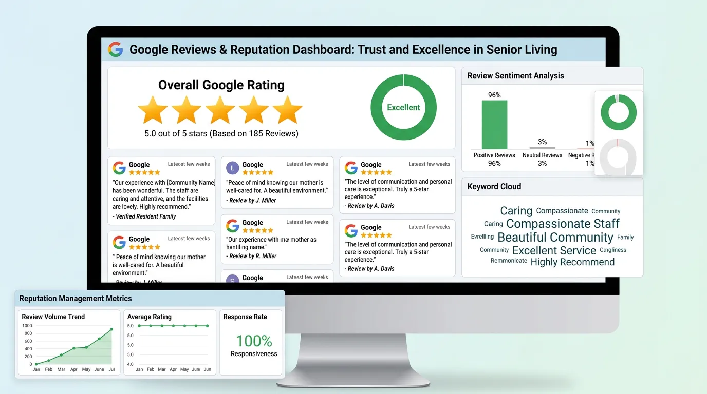 Assisted living 5-star Google reviews showing family testimonials and high trust ratings