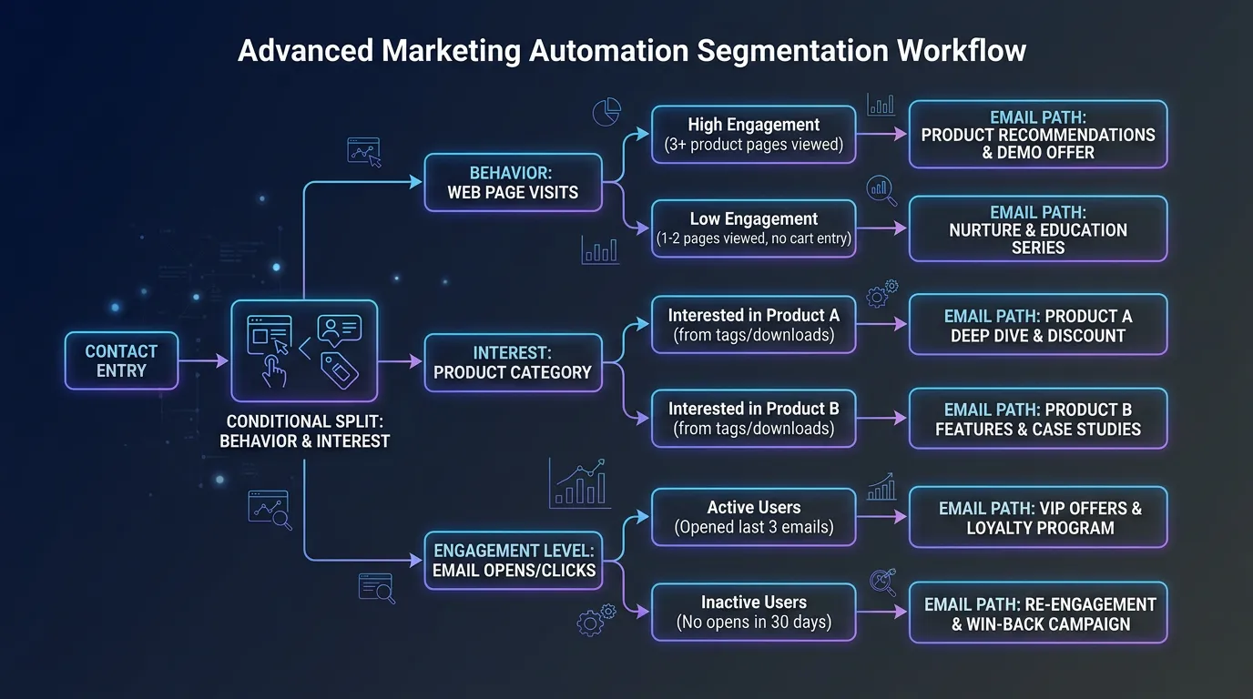 Conditional split workflow showing contacts segmented by behavior into different email paths