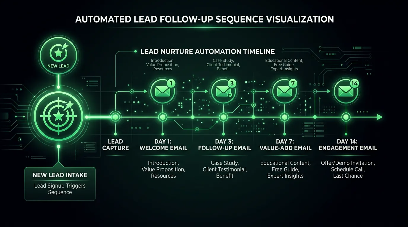 Automated lead follow-up sequence showing day 1 day 3 day 7 email triggers for nurture