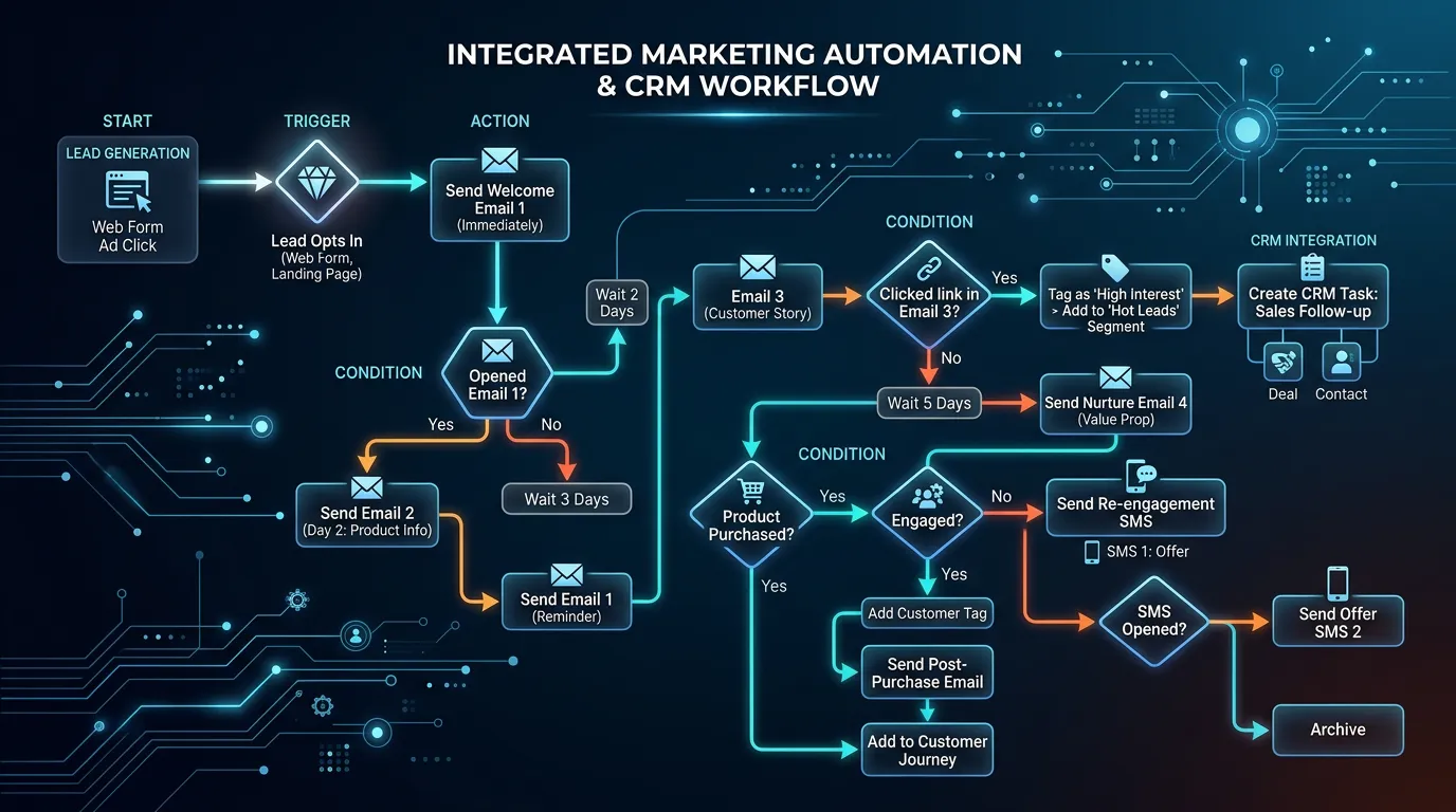 Marketing automation workflow diagram showing trigger condition and action steps in a visual flowchart