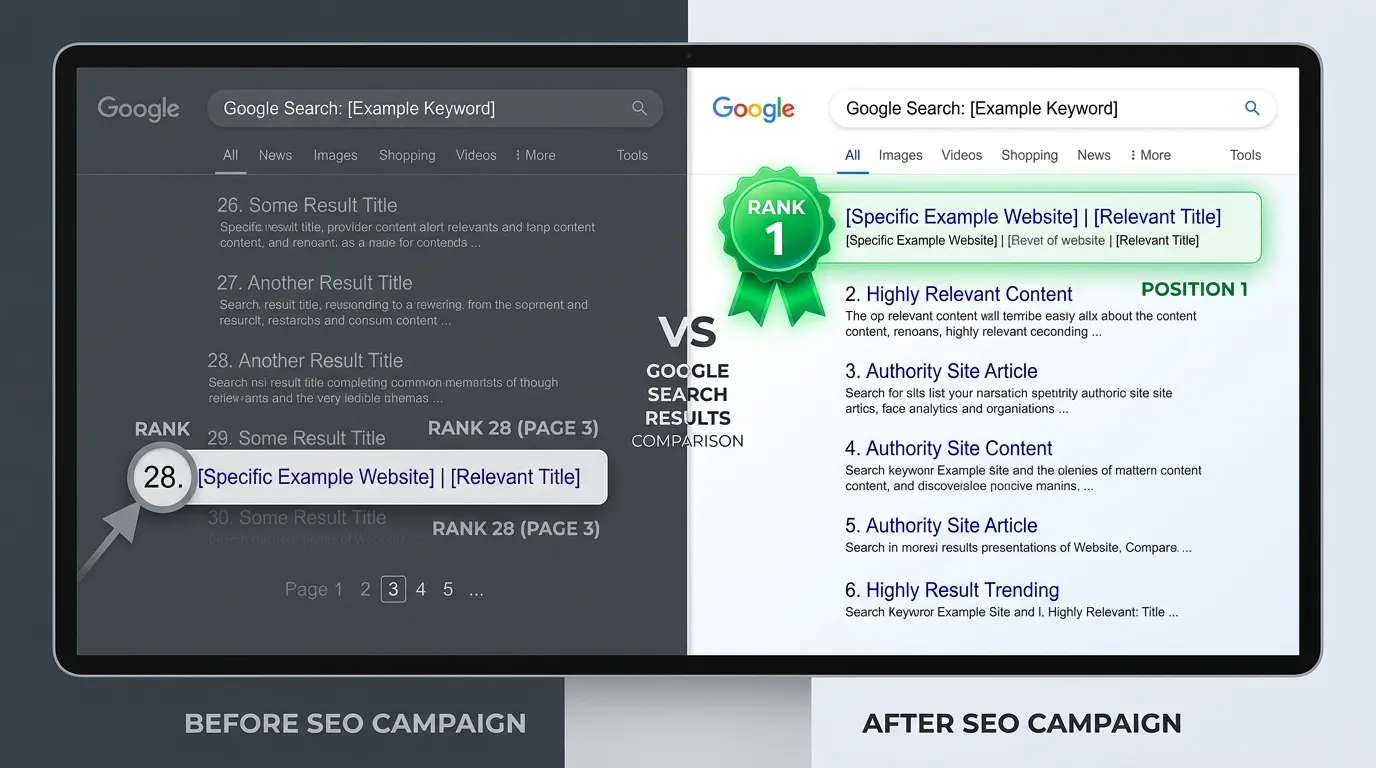 Side by side illustration comparing search rankings before and after an SEO project