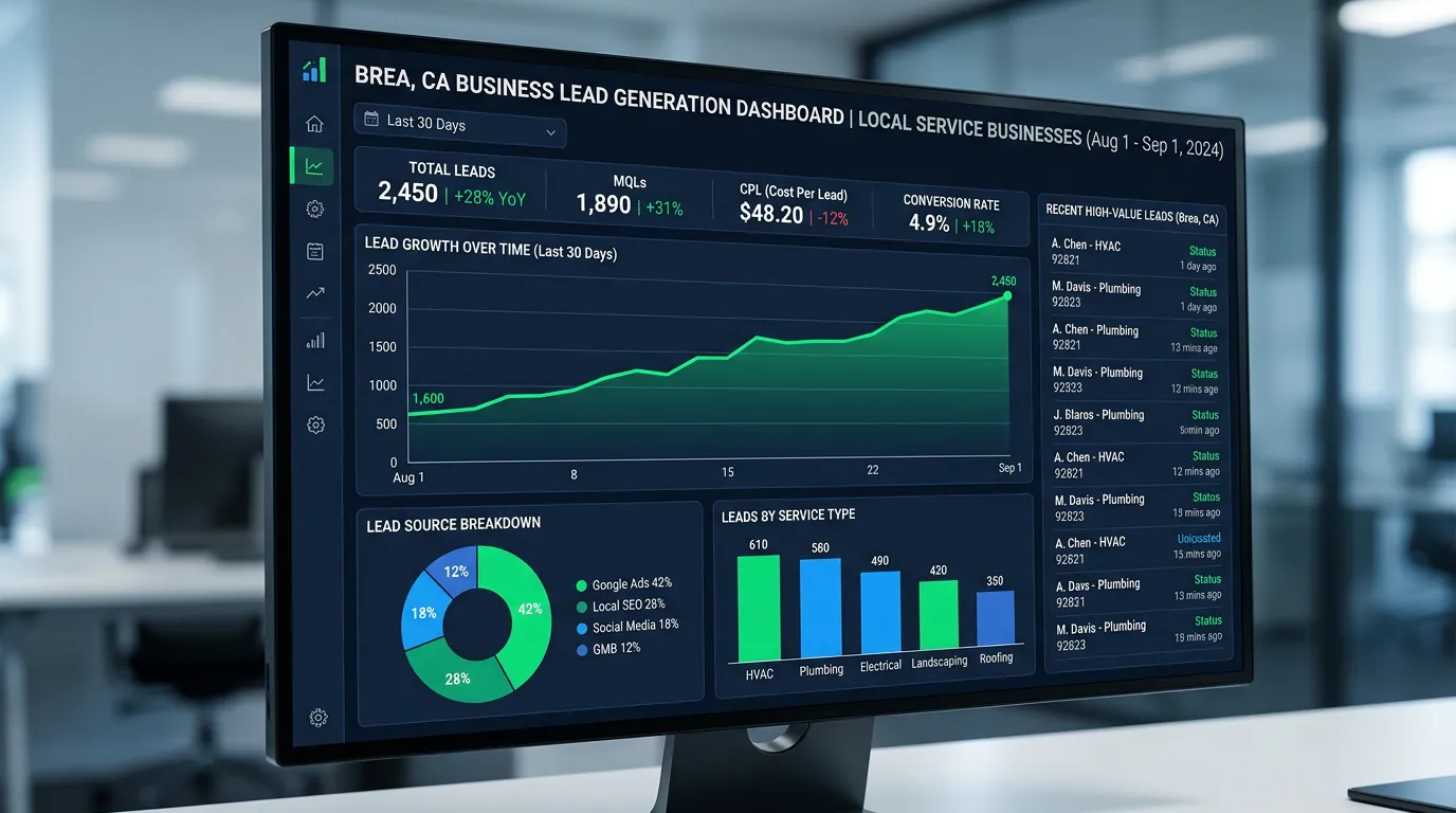 Brea CA business lead generation dashboard showing online marketing results for local service businesses