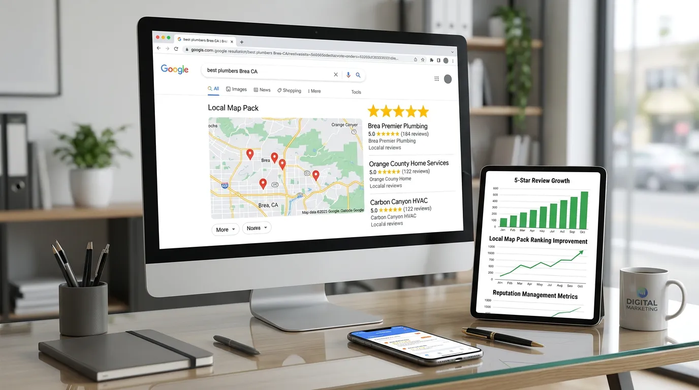 Brea California Google Business Profile showing 5-star reviews and strong local map pack presence