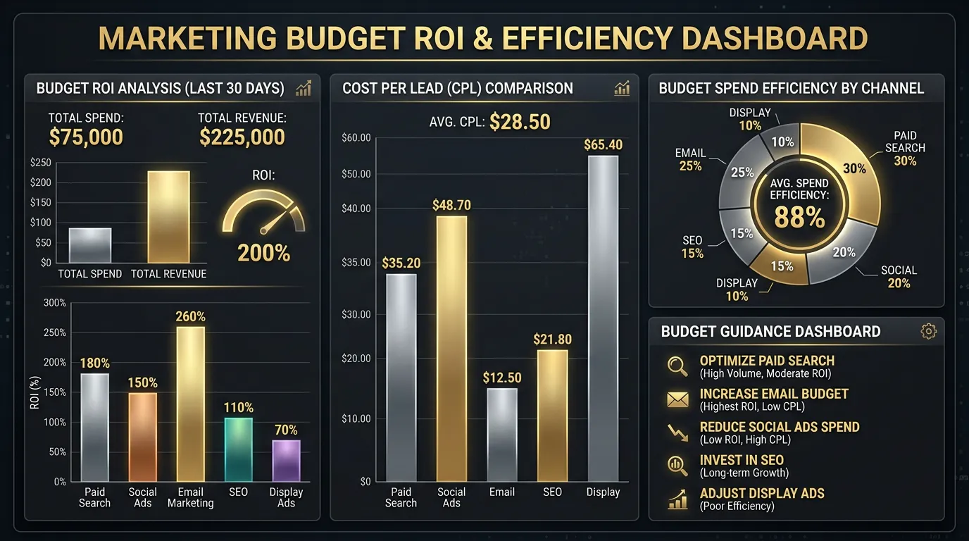 Budget ROI analysis by channel showing cost per lead comparison for marketing budget guidance
