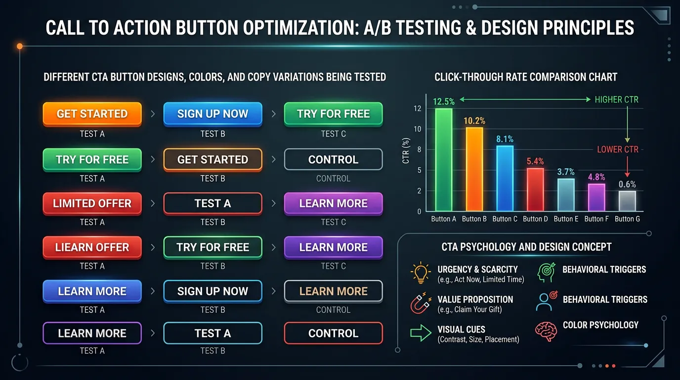 Call to action button optimization showing design and copy variations with click-through rate comparison
