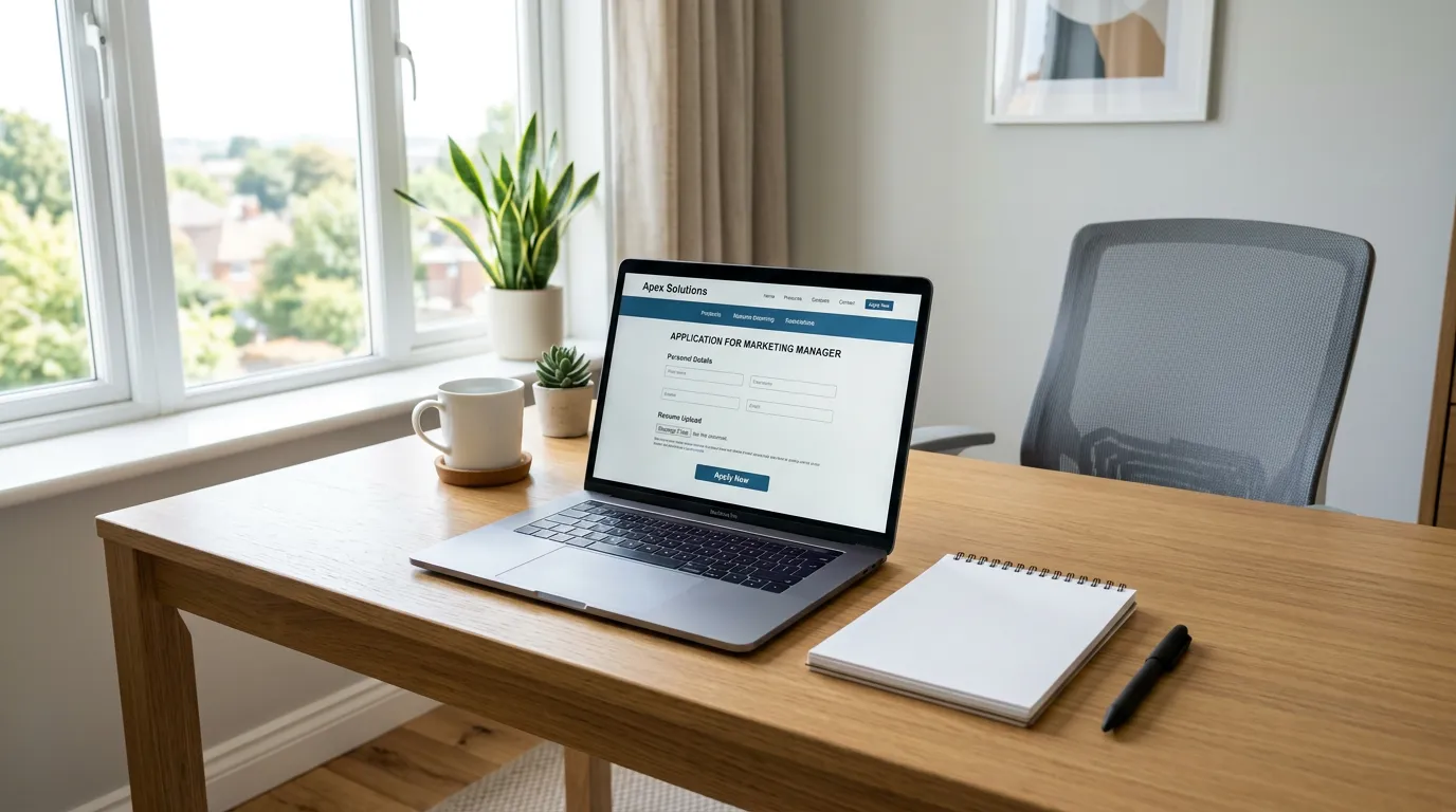 Open laptop on desk showing job application page for digital marketing careers in Chino CA