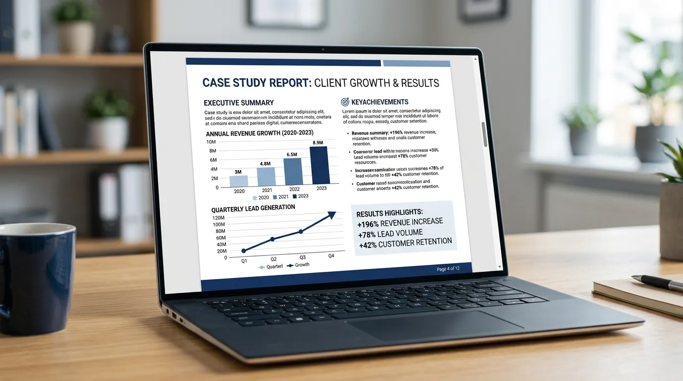 Laptop displaying a digital marketing case study report