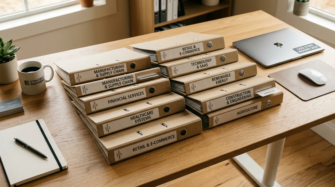 Industry case study folders representing documented marketing success stories across multiple business types