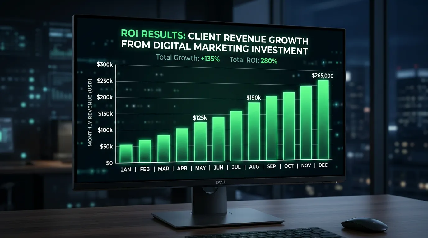 ROI and revenue growth bar chart showing client results over 12 months of digital marketing investment