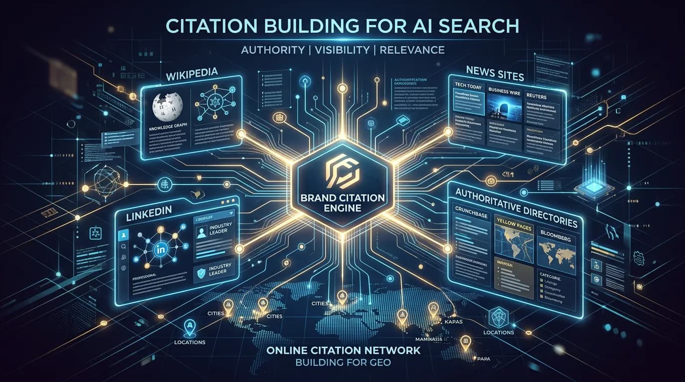 Citation building showing brand mentioned on LinkedIn news sites and authoritative directories for GEO
