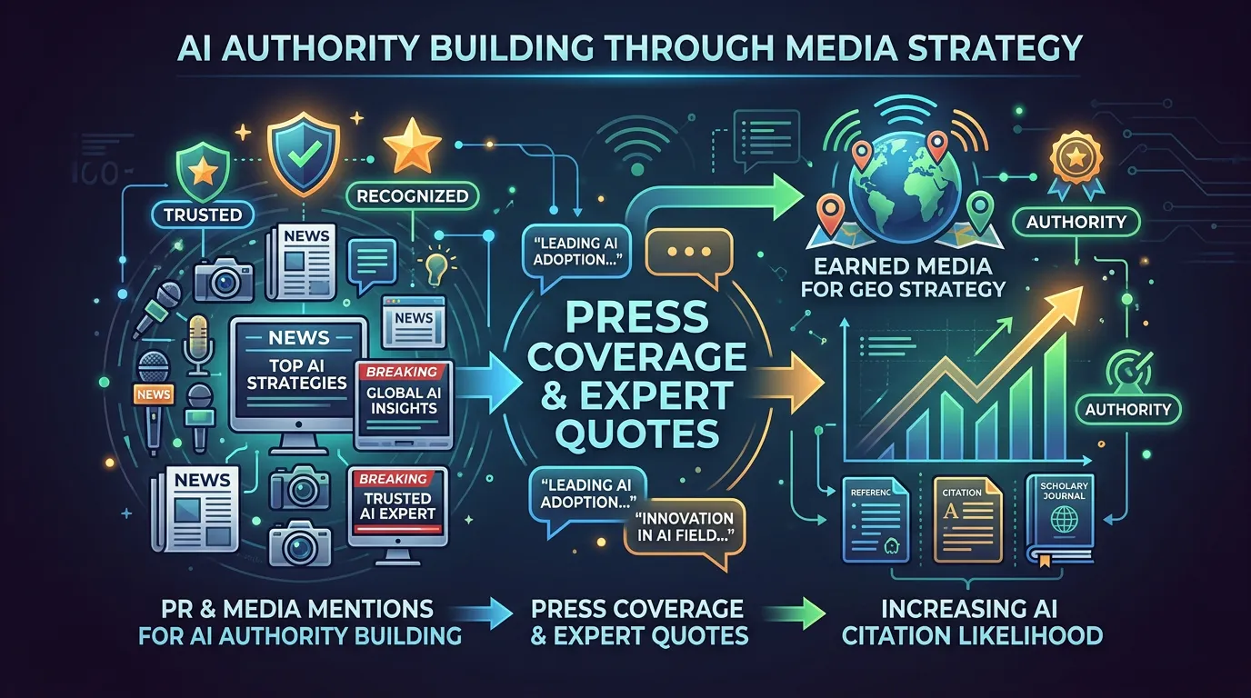 PR and media mentions building AI authority through expert quotes and press coverage for GEO
