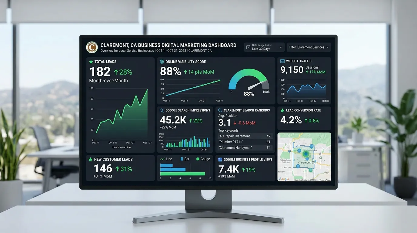 Claremont CA business digital marketing dashboard showing lead growth for local service businesses