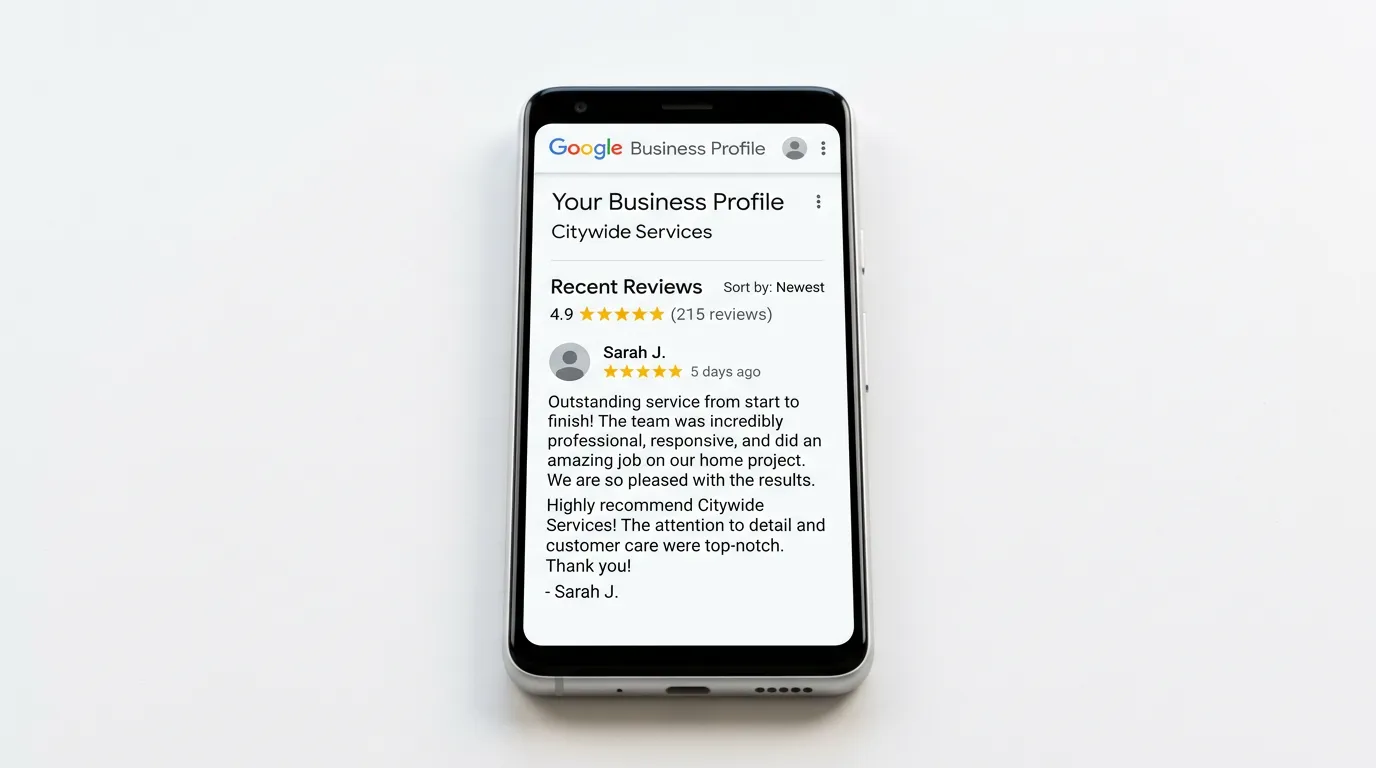 Phone showing Google Business Profile five-star review representing client testimonials for Online Website Marketing